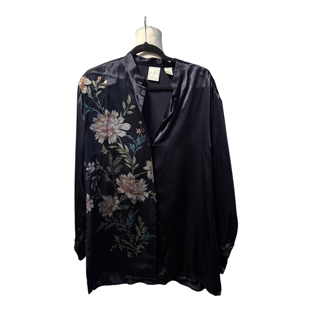 Vtg Liz Claiborne Studio Button Down Rayon tunic Blouse Size Large black print